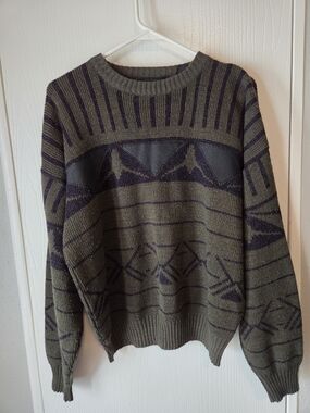 Vintage BARNABY Men's Olive Patterned Sweater With Leather Detail